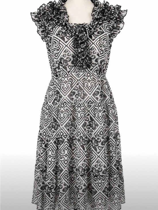 Lapis Dresses & Skirts - Lapis Black White Geometric Ruffle Midi Dress Sleeveless Tiered Flare Small